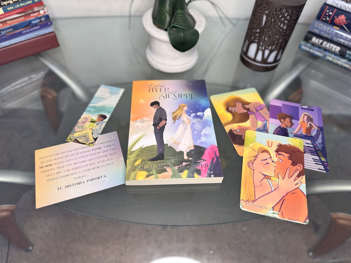 Entre Ayer y Siempre The Forever Pack, libro, separador de páginas, tarjeta de agradecimiento y tres artes